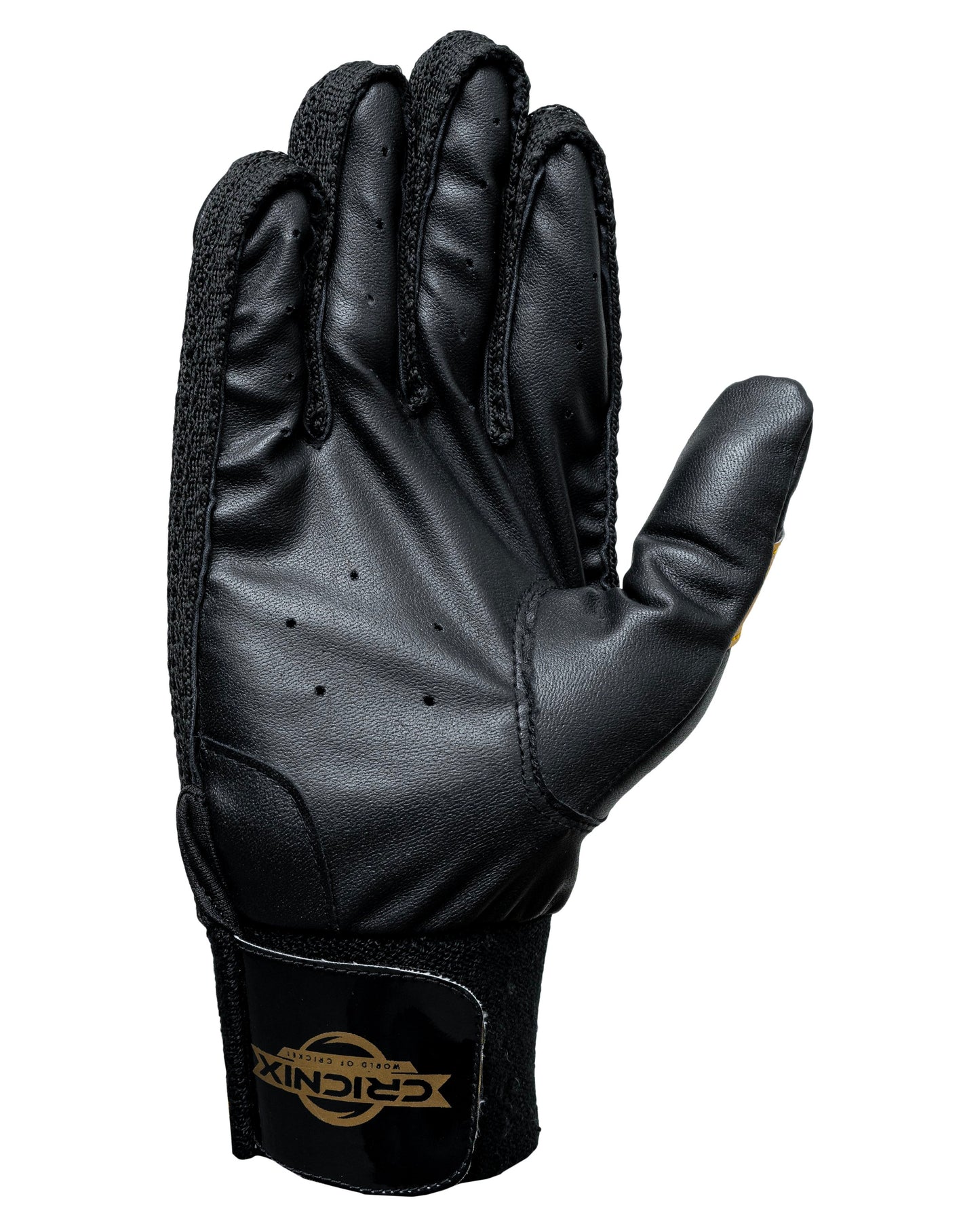 Cricnix Indoor Cricket Gloves Black and gold gloves Front side with a visible brand logo on a white background