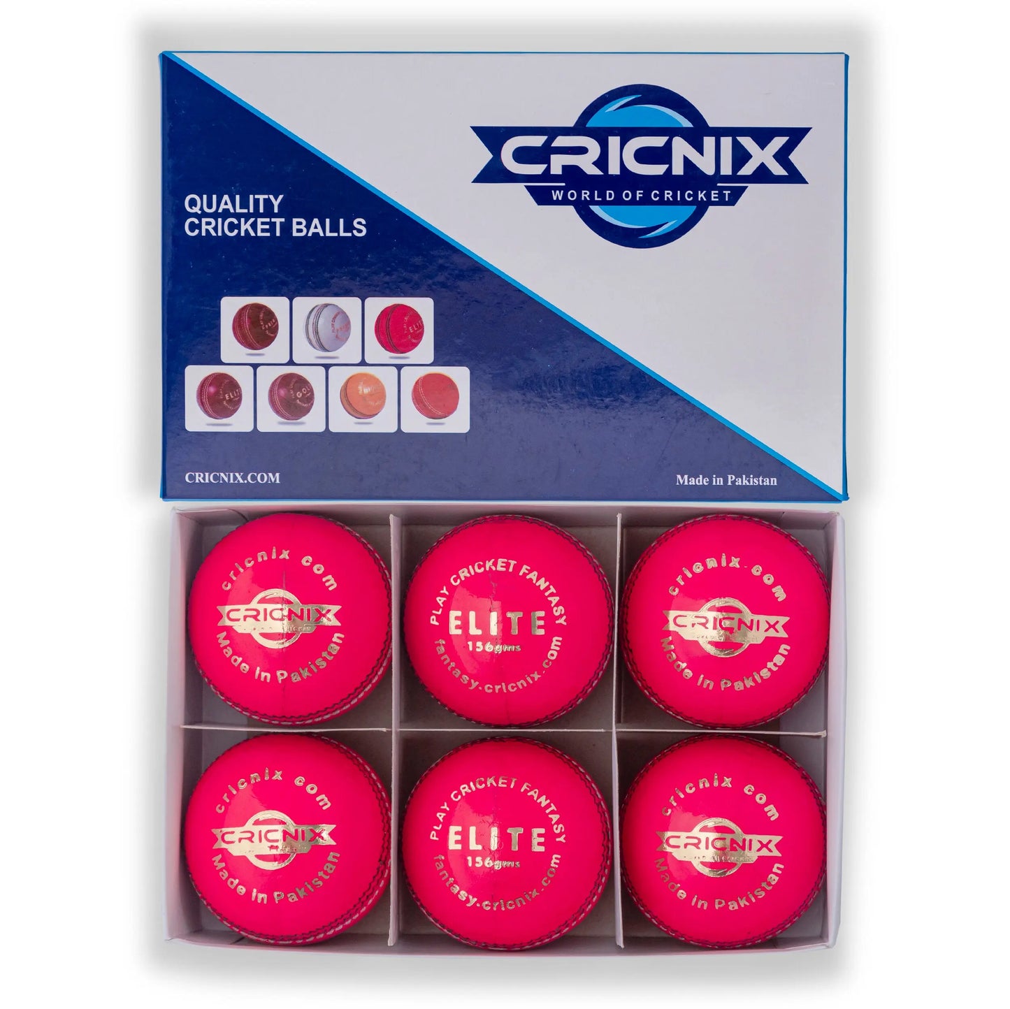 Front view of the Cricnix Leather Ball pack of 6, featuring the gold "Cricnix" logo and branding for a premium finish.