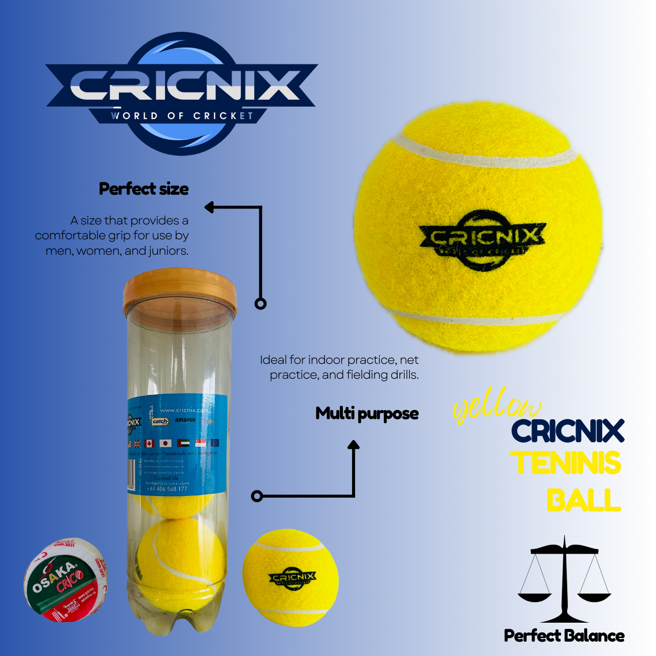 Cricnix yellow tennis ball set displayed with packaging tube containing three balls and Osaka tape, highlighting perfect balance, multi-purpose use, and ideal size for cricket practice and fielding drills.