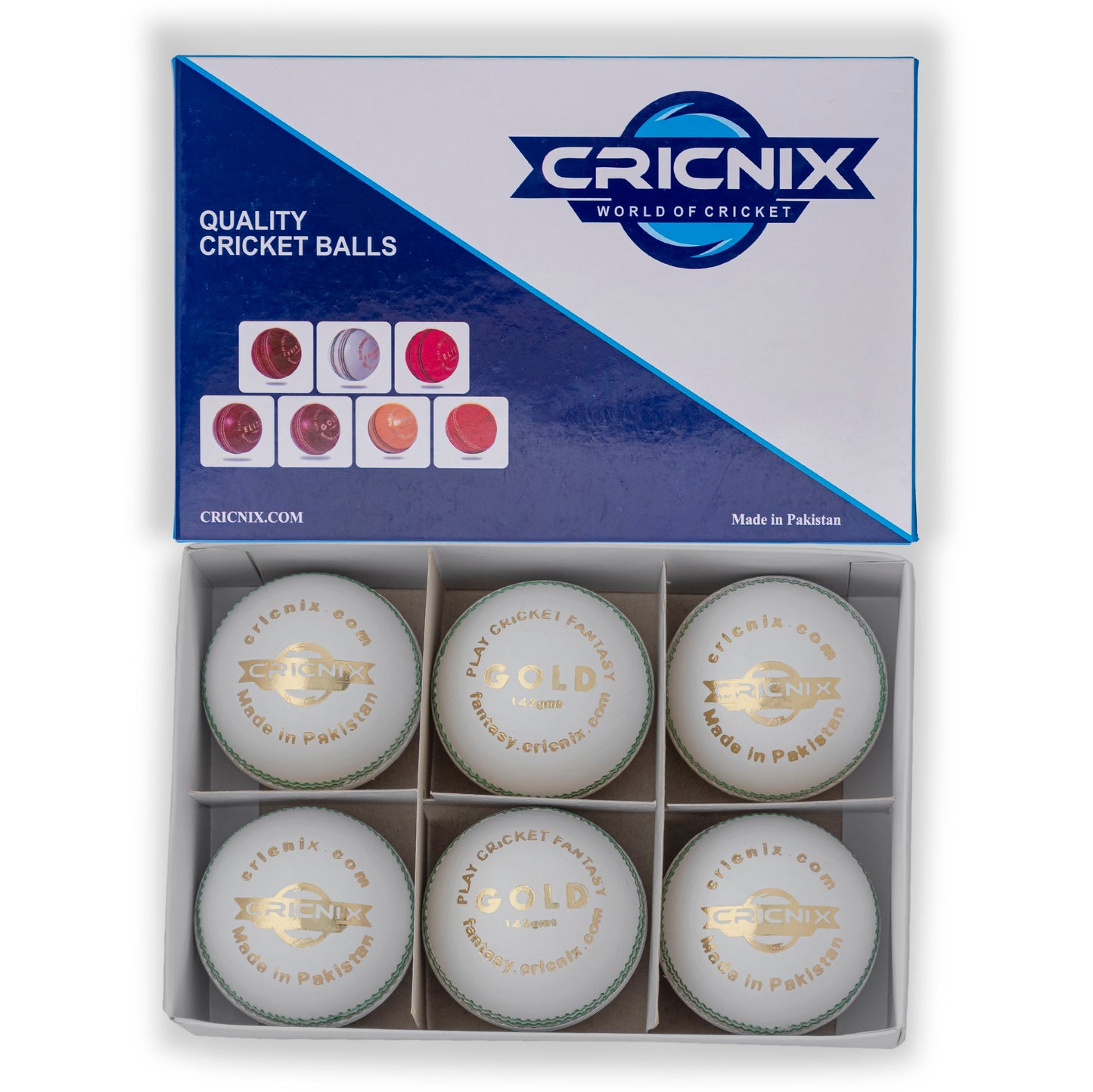Cricnix white leather cricket ball with green stitching and gold text, featuring the brand name 'Cricnix Gold' prominently displayed with its 6 pack packaging.