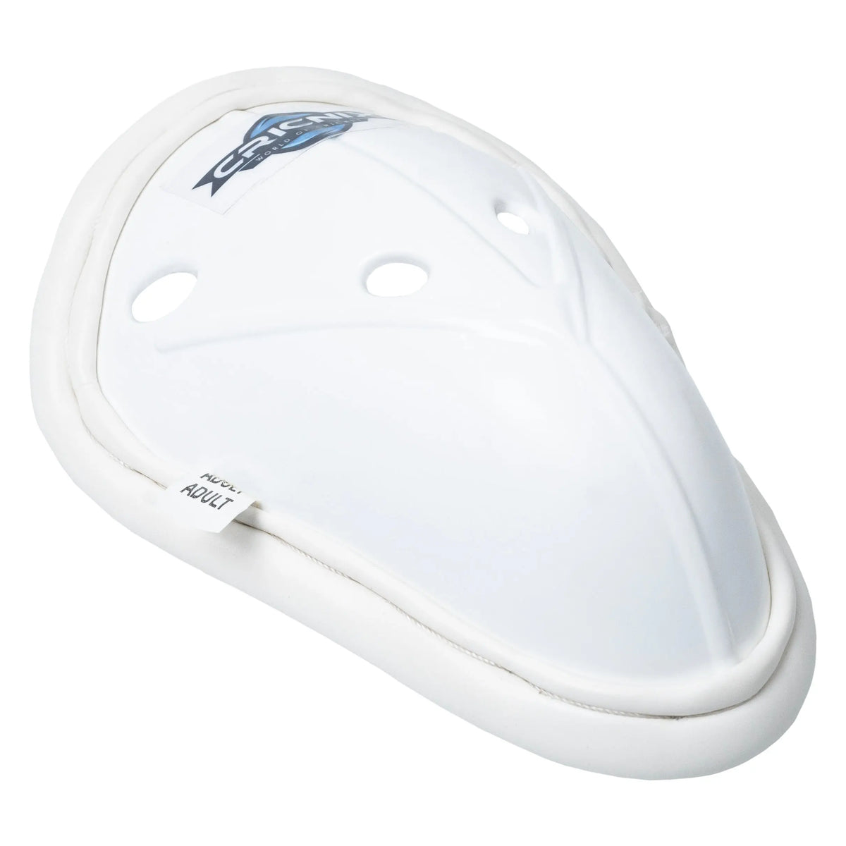 Cricnix white cricket abdominal guard with ventilation holes and a logo on the front.