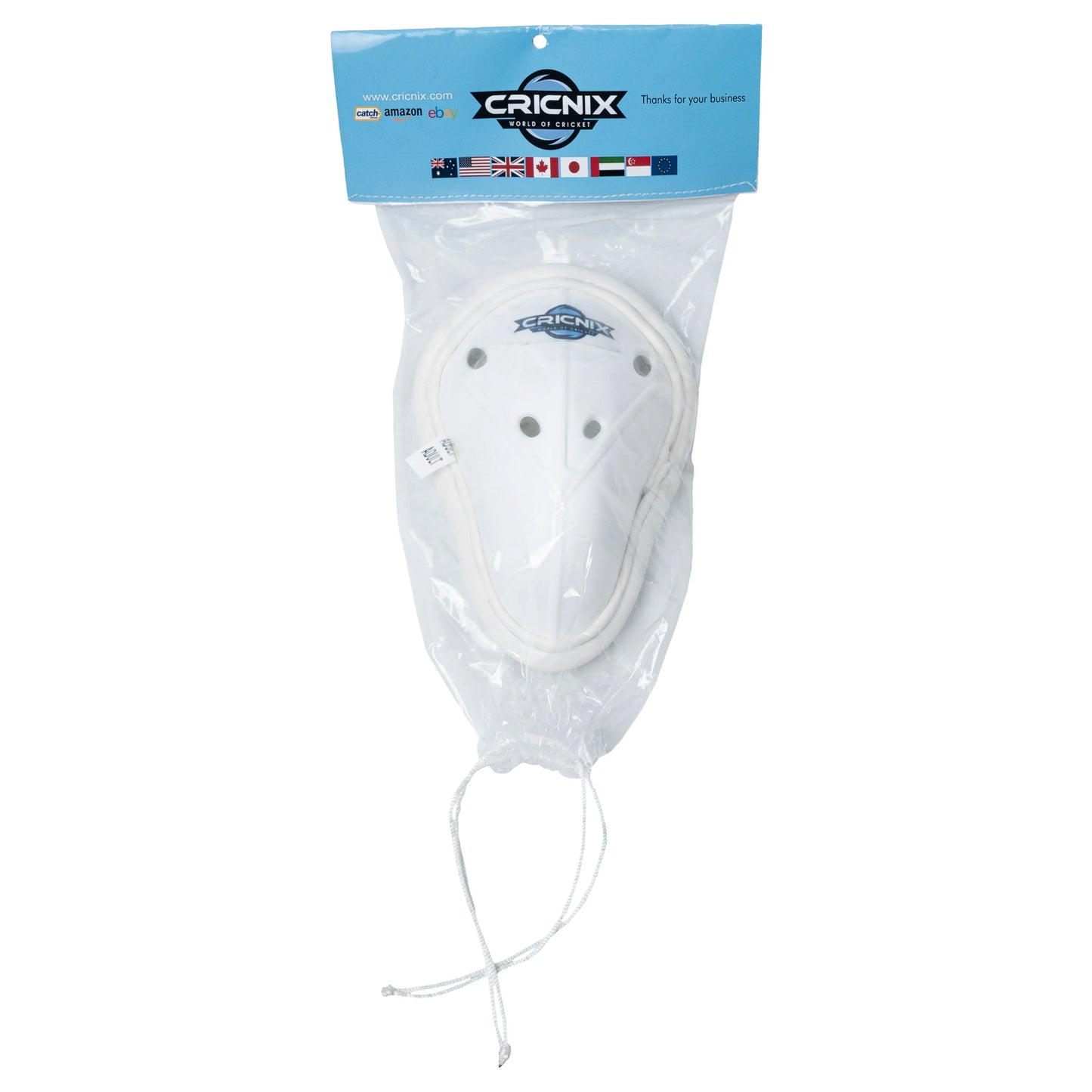 Cricnix white cricket abdominal guard with ventilation holes and front logo, shown alongside its branded packaging, with white background.