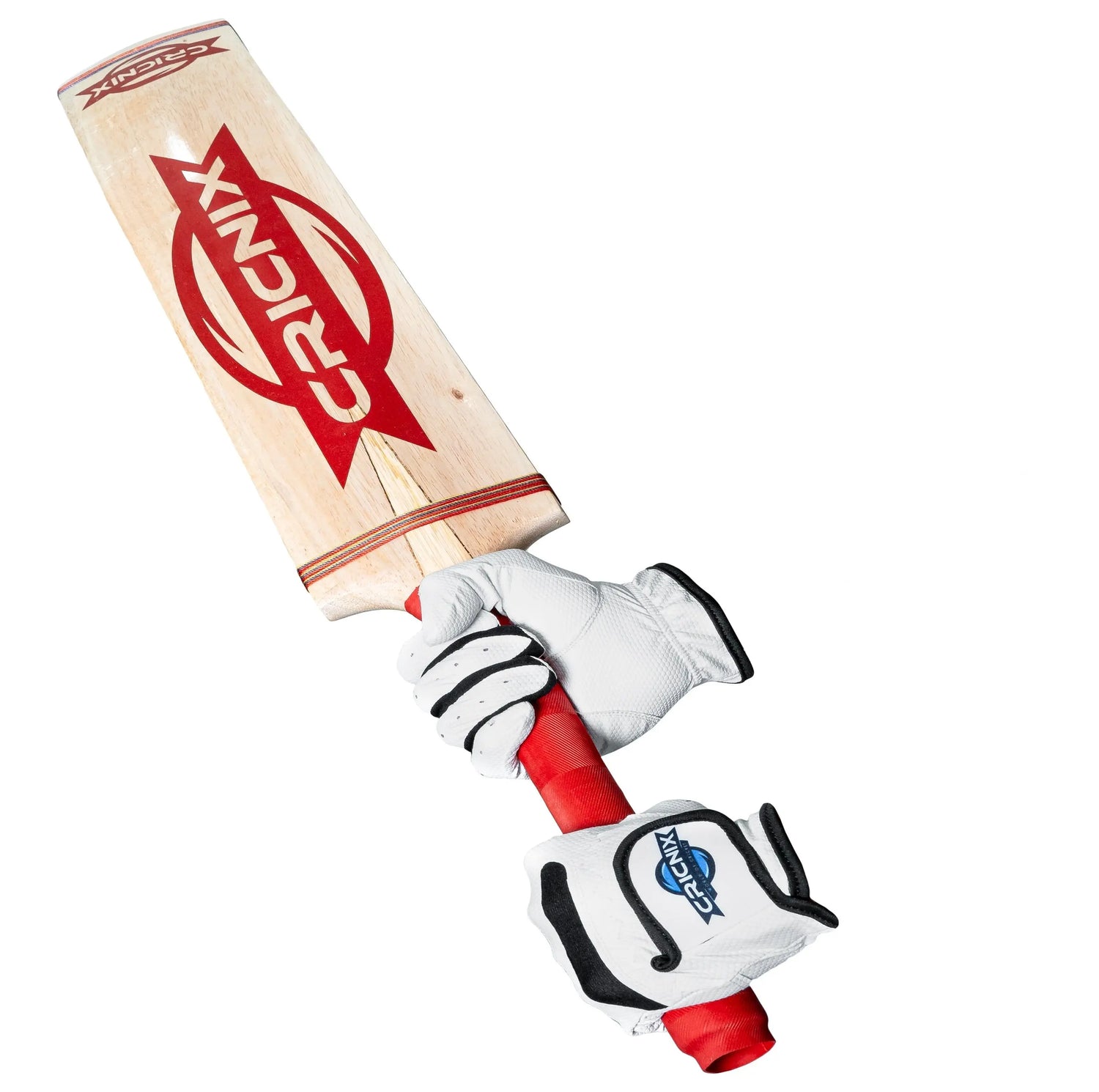 Cricnix Cricket Tape Ball Bat with gloves, ready for Tape Ball Cricket play on a white background.