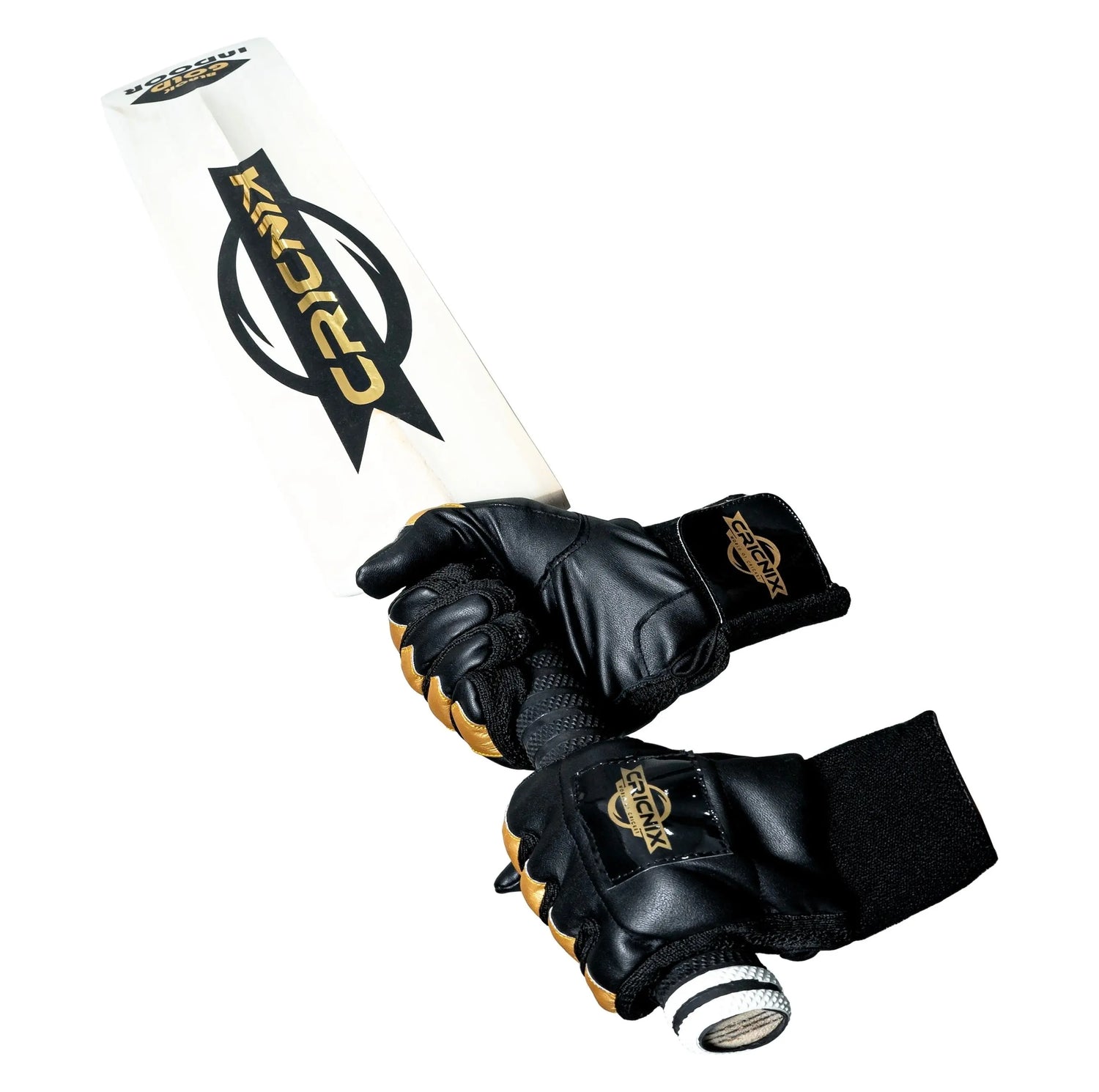 Cricnix indoor cricket bat held by a man wearing black gloves, displayed on a white background.