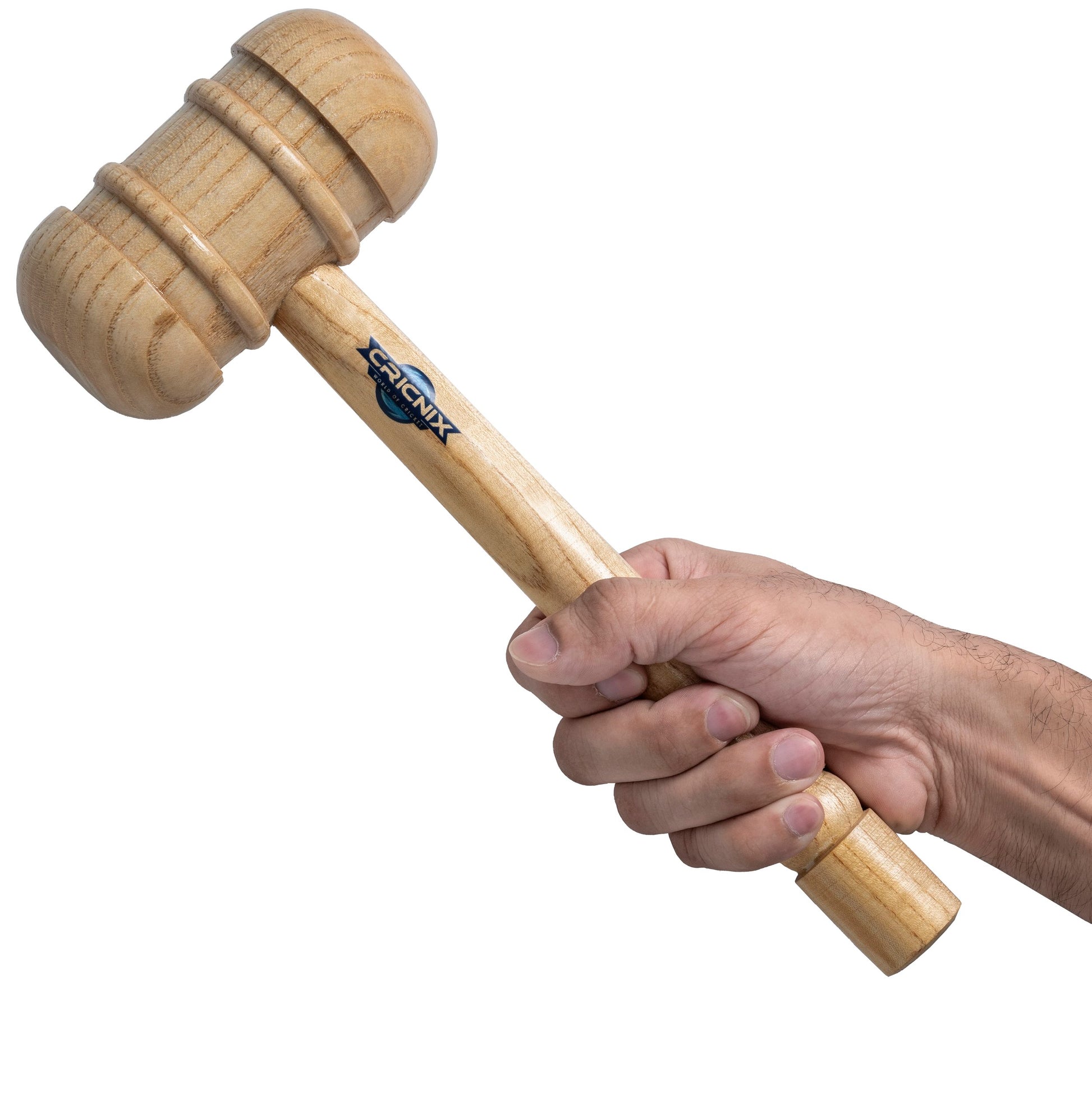 Cricnix Cricket Bat Mallet Light Brown — a wooden mallet in light brown with Cricnix branding on the head, shown being held by a man for bat preparation.