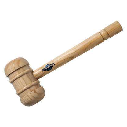 Cricnix Cricket Bat Mallet Light Brown — a wooden mallet in light brown with Cricnix branding on the head, shown being held by a man for bat preparation.