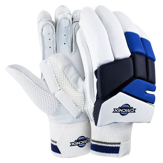 A pair of Cricnix cricket batting gloves in blue and white colors, featuring sheep leather palm and touch tape straps, with brand name "Cricnix" on it.