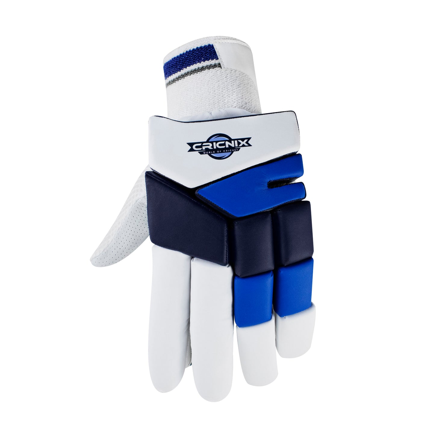 Right-hand Cricnix cricket batting glove in blue and white, featuring a sheep leather palm, touch tape strap, and visible “Cricnix” branding, styled to resemble premium softball gloves.