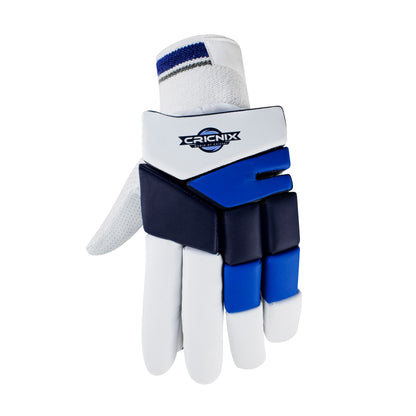 Right-hand Cricnix cricket batting glove in blue and white, featuring a sheep leather palm, touch tape strap, and visible “Cricnix” branding, styled to resemble premium softball gloves.