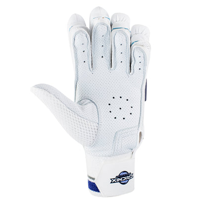 Right-hand Cricnix cricket batting glove in blue and white, featuring a sheep leather palm, touch tape strap, and visible “Cricnix” branding, styled to resemble premium softball gloves.