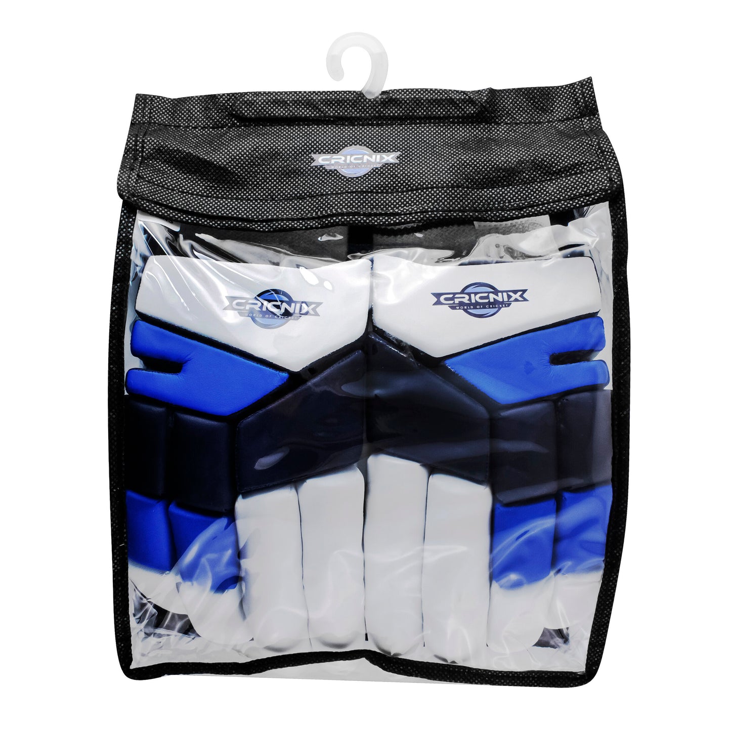 Packaging of Cricnix cricket batting glove, showing the blue and white glove inside with visible “Cricnix” branding, designed in a style similar to premium softball gloves packaging.