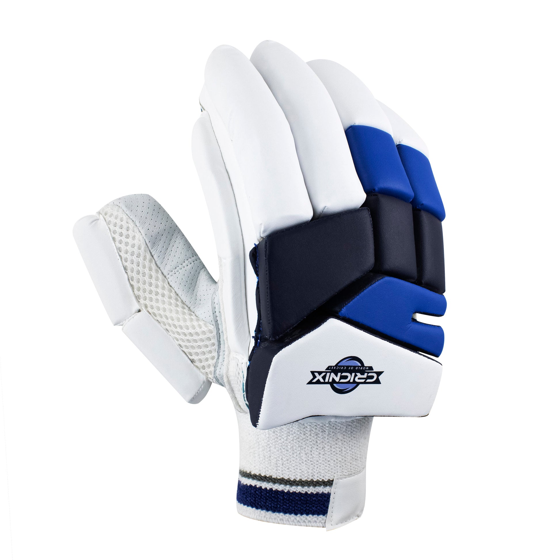 Right-hand Cricnix cricket batting glove in blue and white, featuring a sheep leather palm, touch tape strap, and visible “Cricnix” branding, styled to resemble premium softball gloves.