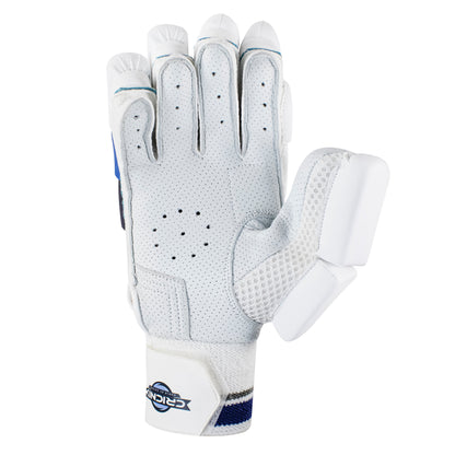 Right-hand Cricnix cricket batting glove in blue and white, featuring a sheep leather palm, touch tape strap, and visible “Cricnix” branding, styled to resemble premium softball gloves.
