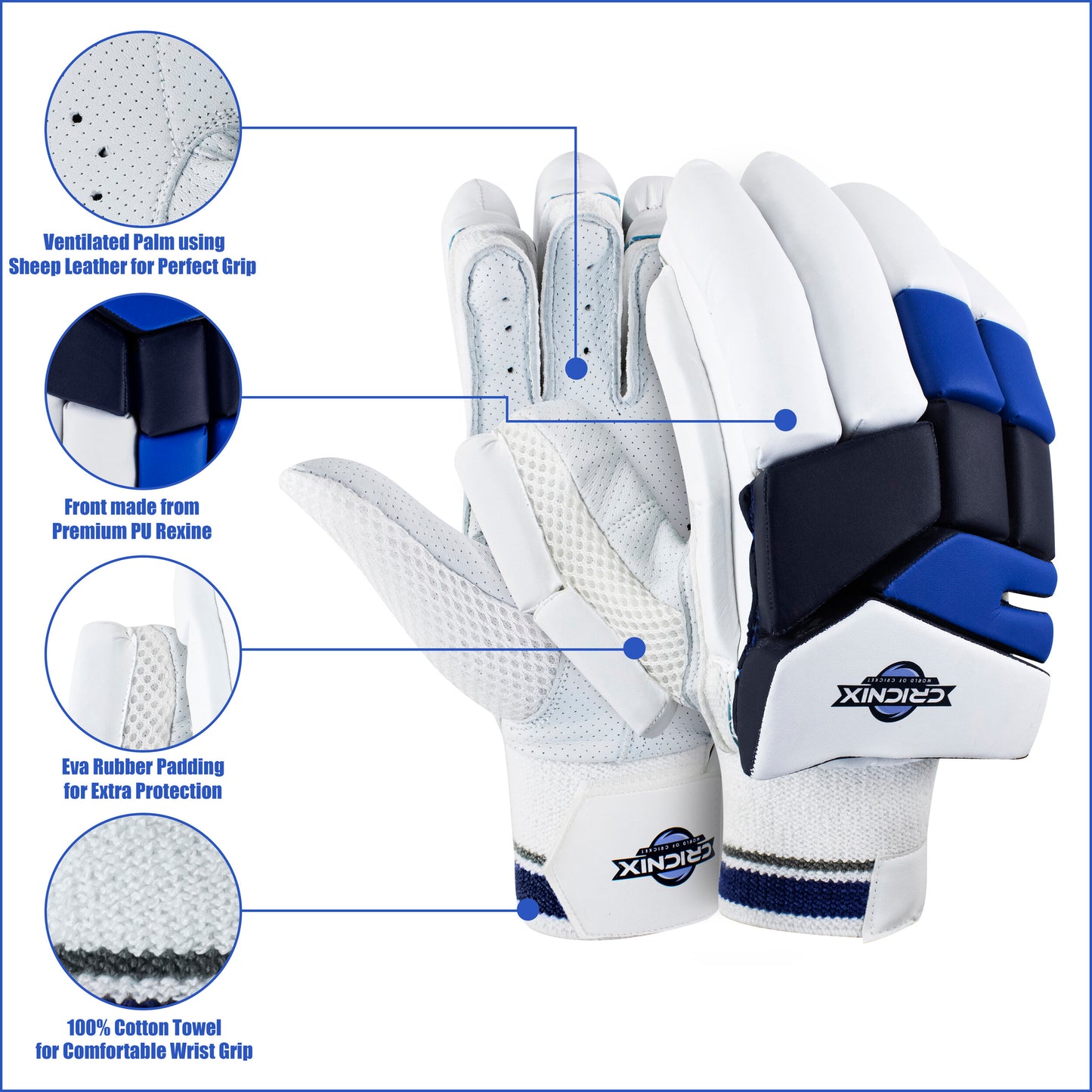 A pair of Cricnix cricket batting gloves in blue and white colors, featuring a sheep leather palm and touch tape straps, with the “Cricnix” brand name displayed, designed to resemble premium softball gloves.