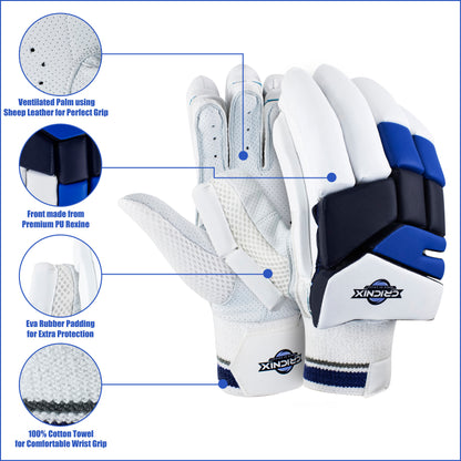 A pair of Cricnix cricket batting gloves in blue and white colors, featuring a sheep leather palm and touch tape straps, with the “Cricnix” brand name displayed, designed to resemble premium softball gloves.
