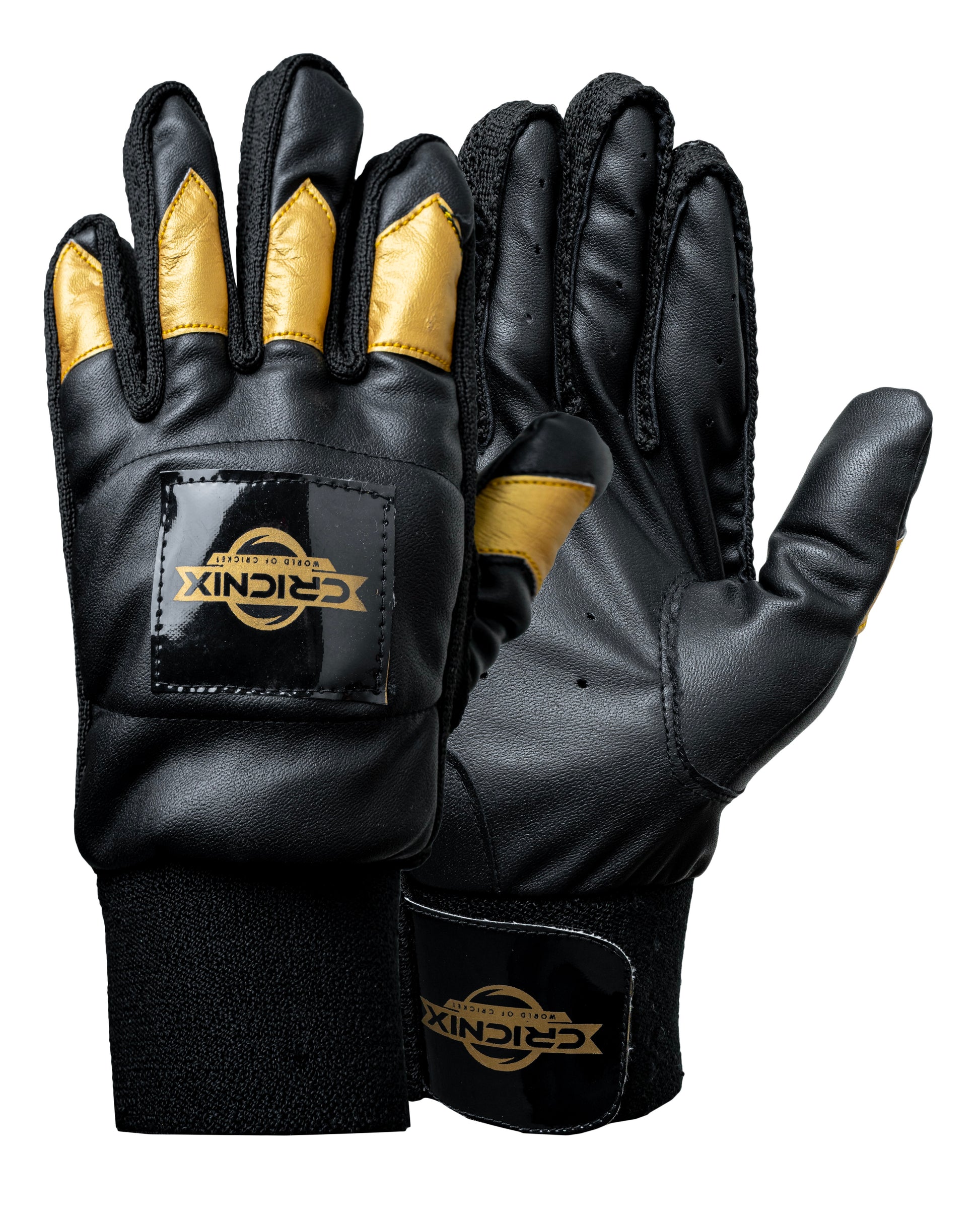 Cricnix Indoor Cricket Gloves Black and gold gloves with a visible brand logo on a white background