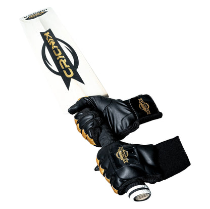 Cricnix Cricket Batting Gloves — a pair of black and gold indoor cricket gloves featuring a visible Cricnix logo on both the gloves and the bat, displayed on a white background, representing premium cricket supporters gear for players and fans.