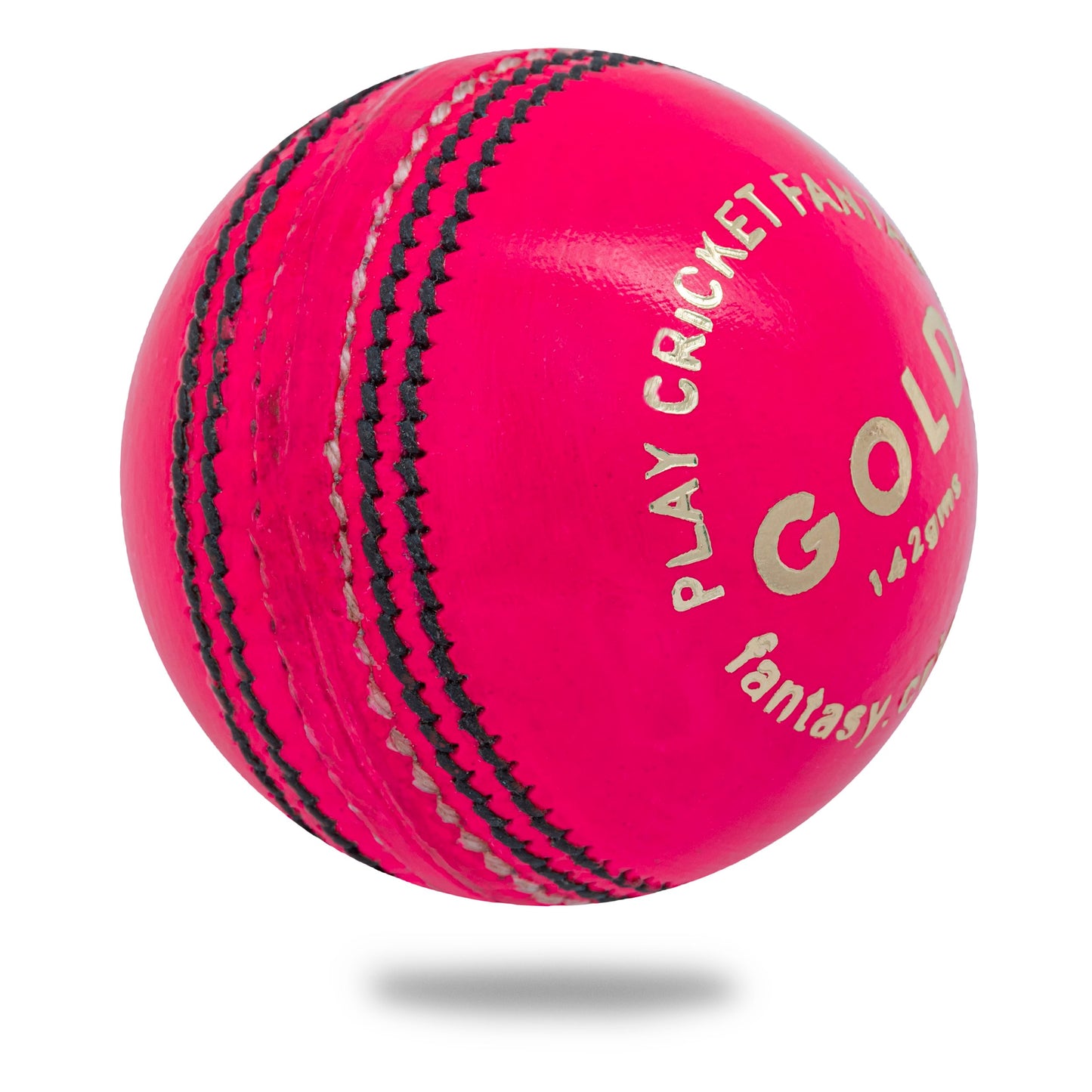 A pink leather cricket ball with black stitching and the text 'PLAY CRICKET' along with branding on it.