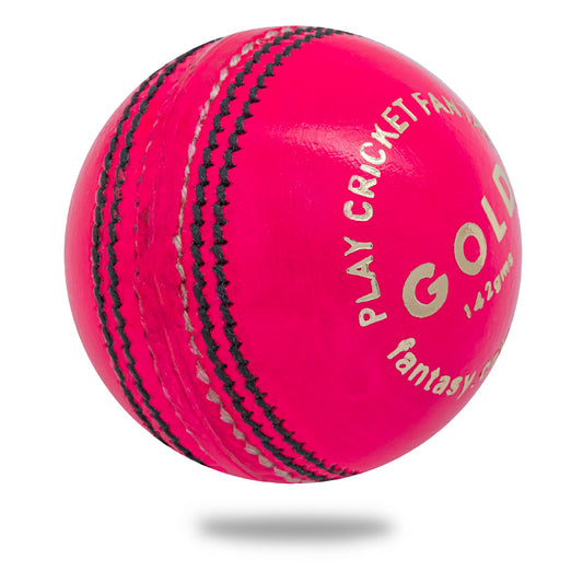 A pink leather cricket ball with black stitching and the text 'PLAY CRICKET' along with branding on it.