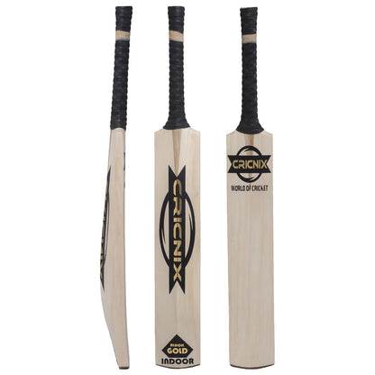 A Cricnix indoor cricket bat with black branding, displayed in vertical orientation alongside its shaft and handle.