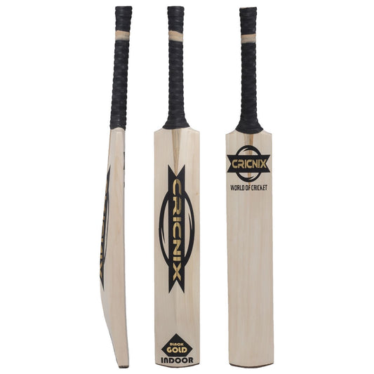A Cricnix indoor cricket bat with black branding, displayed in vertical orientation alongside its shaft and handle.