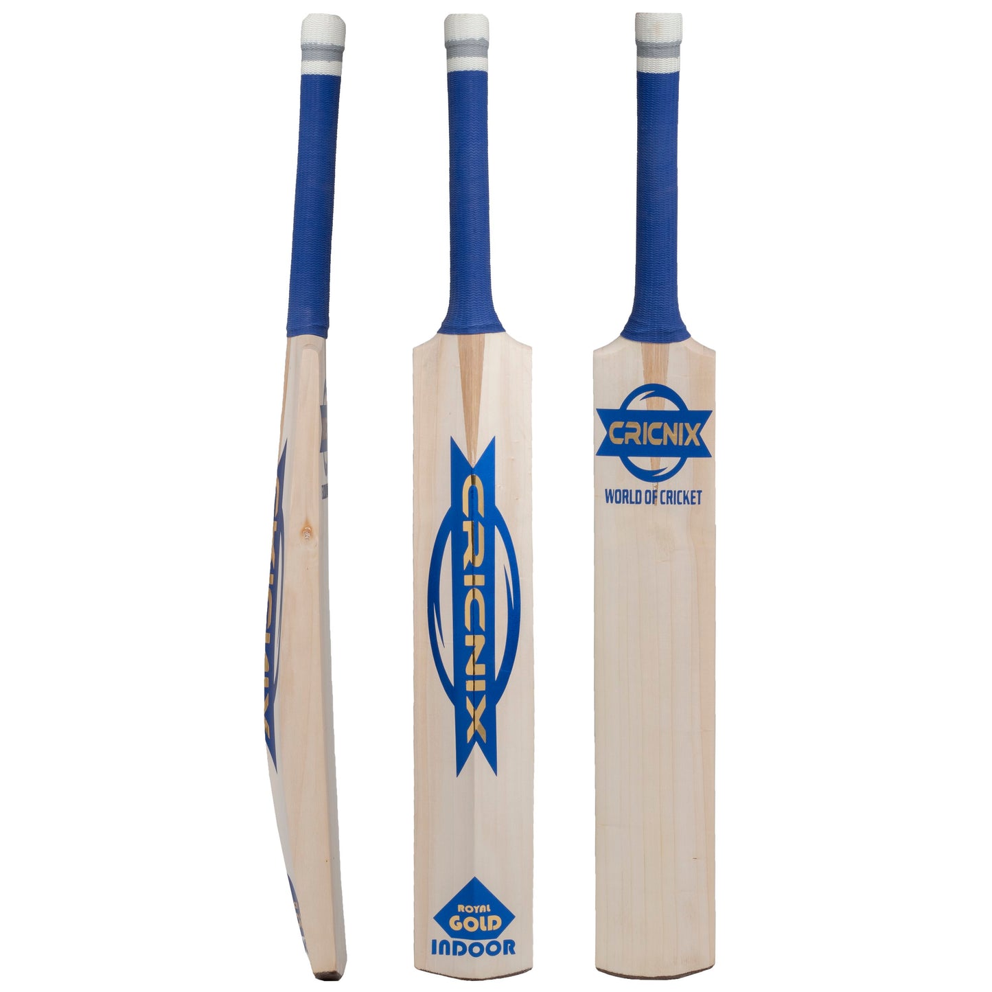 A Cricnix indoor cricket bat with blue branding, displayed in vertical orientation alongside its shaft and handle.