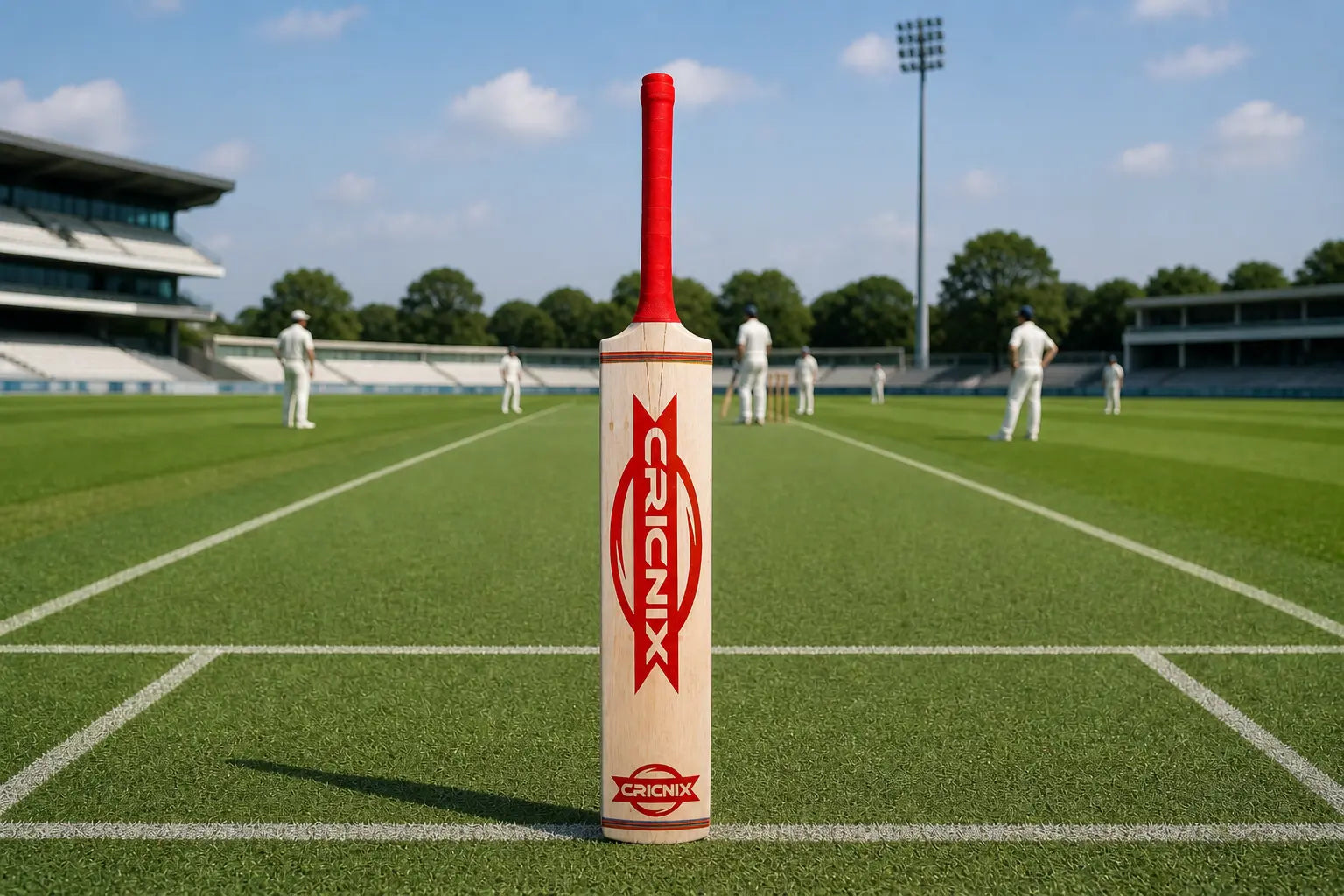 Crickethit with red handle on a cricket field