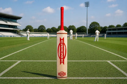 Crickethit with red handle on a cricket field