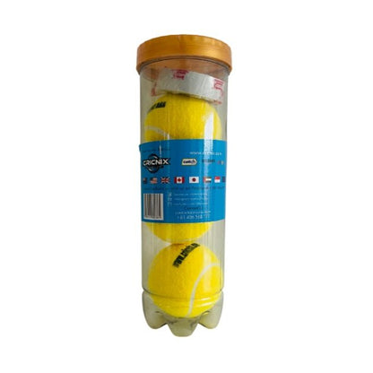 A yellow Cricnix tennis ball pack of 3 with tape with the brand visible, designed for street cricket.