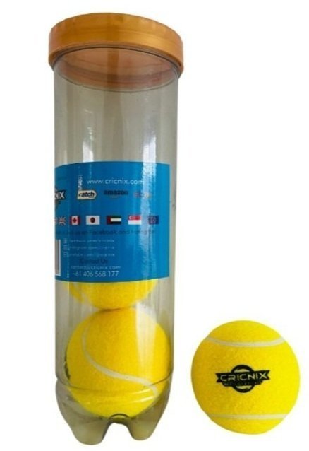 A yellow Cricnix tennis ball pack of 3 with tape with the brand visible, designed for street cricket.