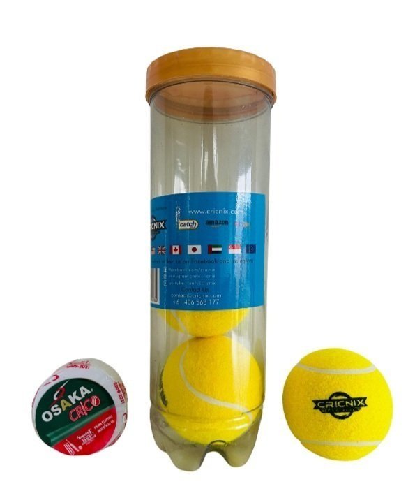 A yellow Cricnix tennis ball pack of 3 with tape with the brand visible, designed for street cricket.