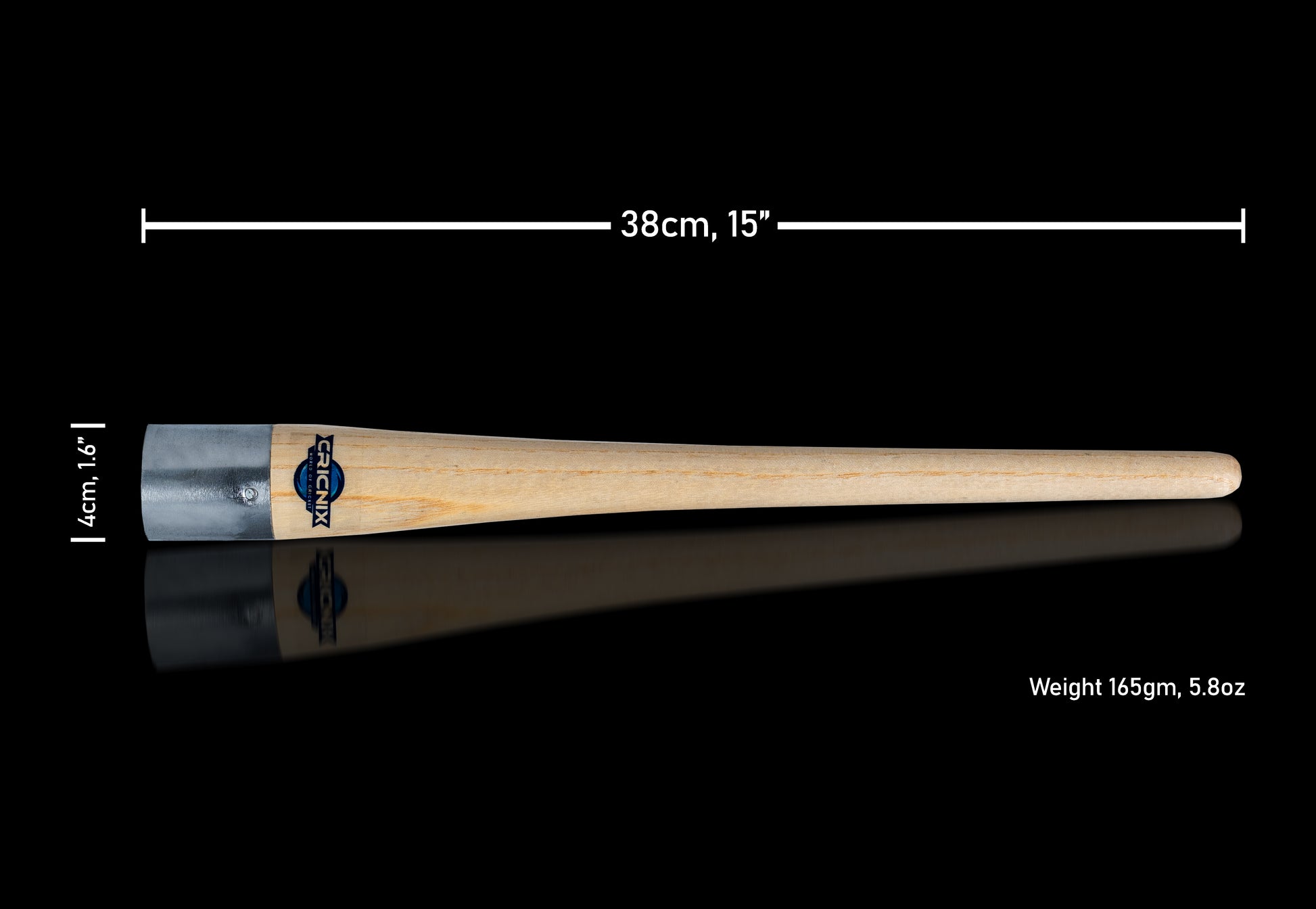 Cricnix cricket bat grip cone with a sturdy wooden handle and durable metal ferrule, displayed on a black background with measurements showing 38cm (15") length, 4cm (1.6") thickness, and 165g (5.8oz) weight.