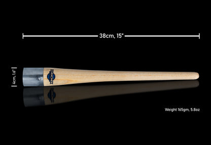 Cricnix cricket bat grip cone with a sturdy wooden handle and durable metal ferrule, displayed on a black background with measurements showing 38cm (15") length, 4cm (1.6") thickness, and 165g (5.8oz) weight.