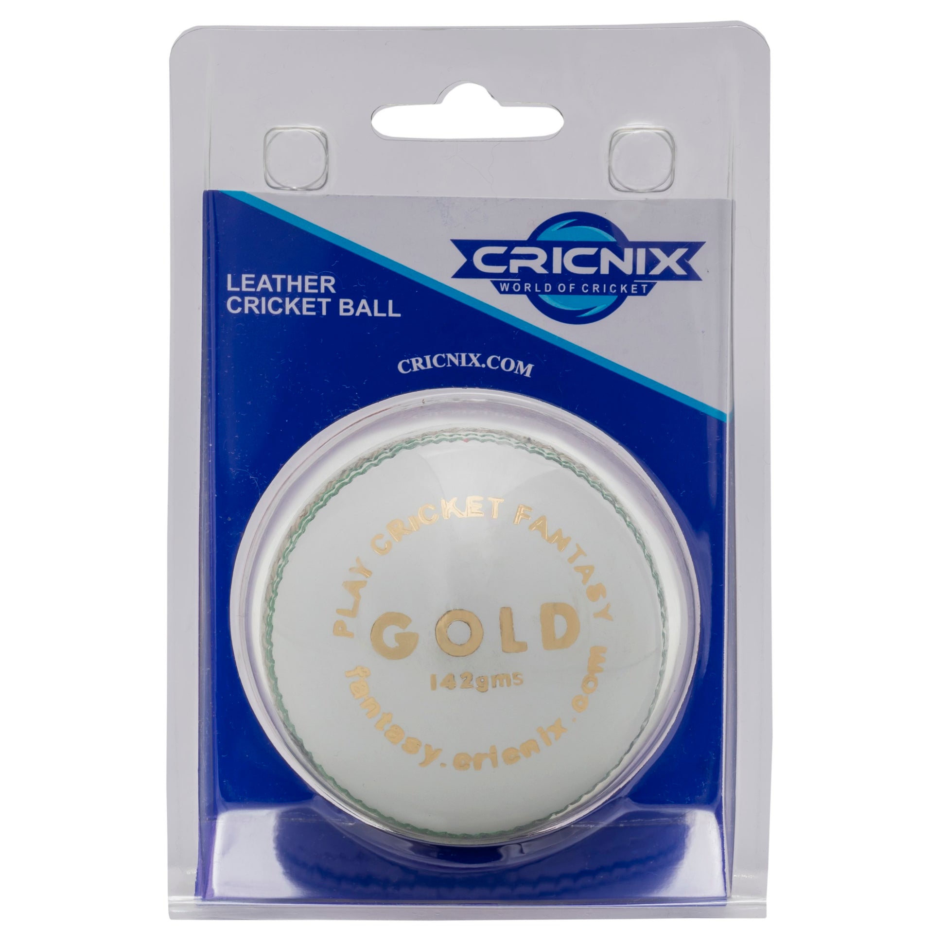 Cricnix white leather cricket ball with green stitching and gold text, featuring the brand name 'Cricnix Gold' prominently displayed with its packaging.