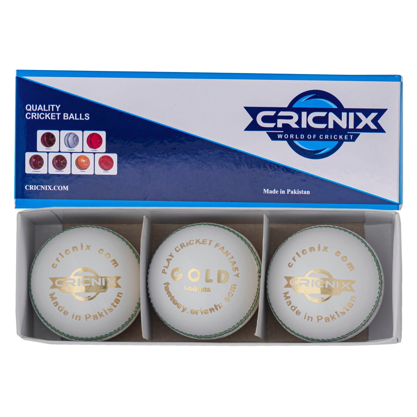 Cricnix white leather cricket ball with green stitching and gold text, featuring the brand name 'Cricnix Gold' prominently displayed with its 3 pack packaging.