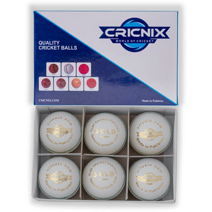Cricnix white leather cricket ball with green stitching and gold text, featuring the brand name 'Cricnix Gold' prominently displayed with its 6 pack packaging.