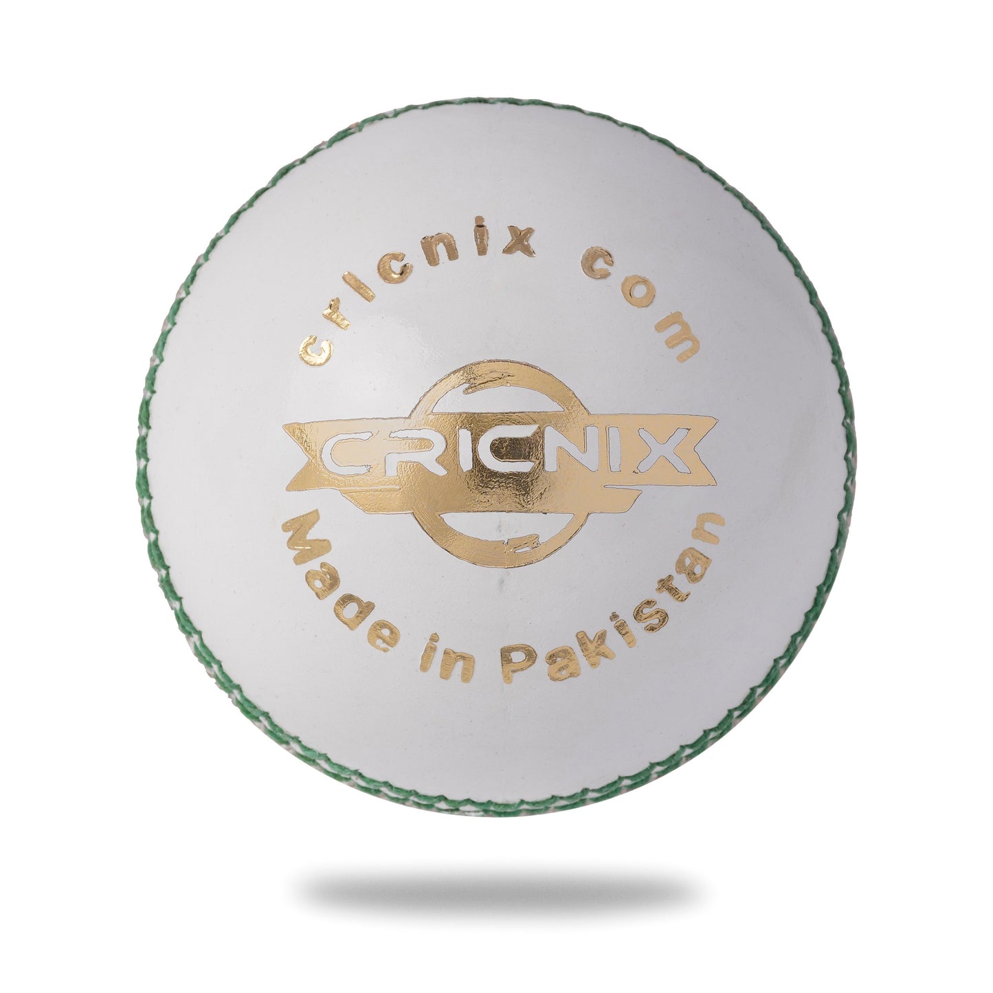 Cricnix white leather cricket ball with green stitching and gold text, featuring the brand name 'Cricnix Gold' prominently displayed.