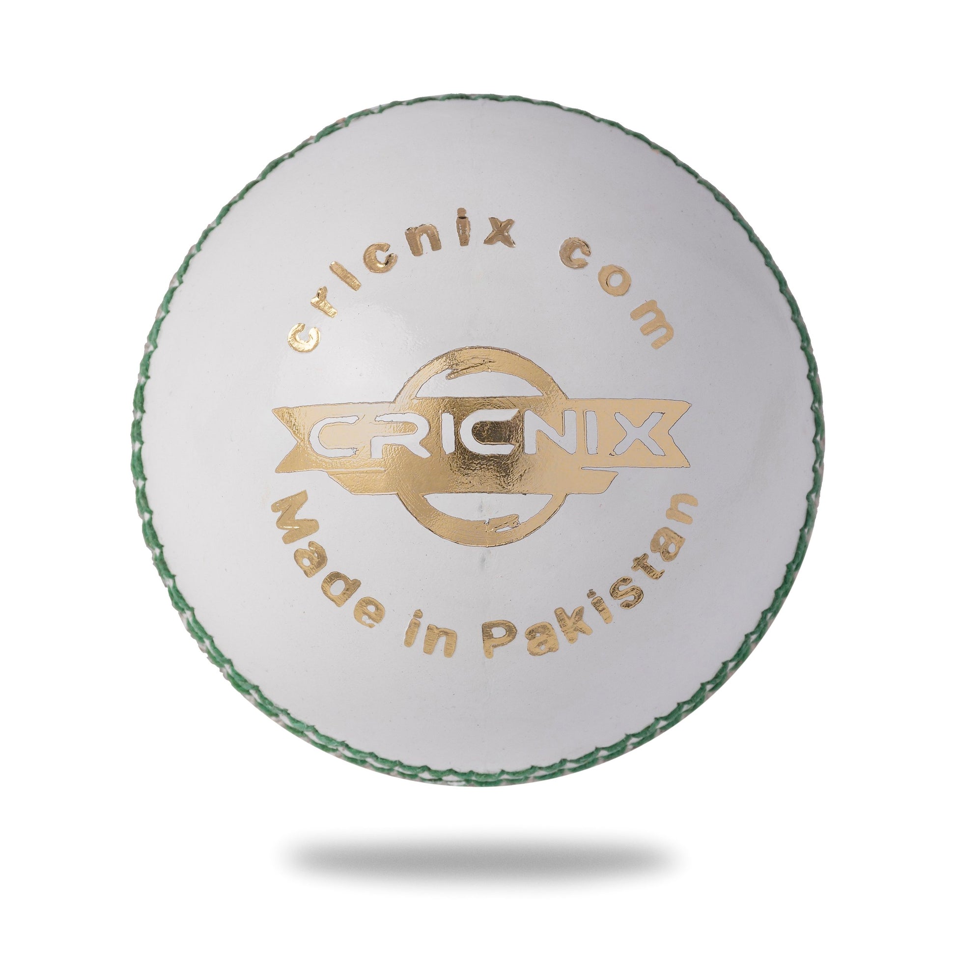 Cricnix white leather cricket ball with green stitching and gold text, featuring the brand name 'Cricnix Gold' prominently displayed.