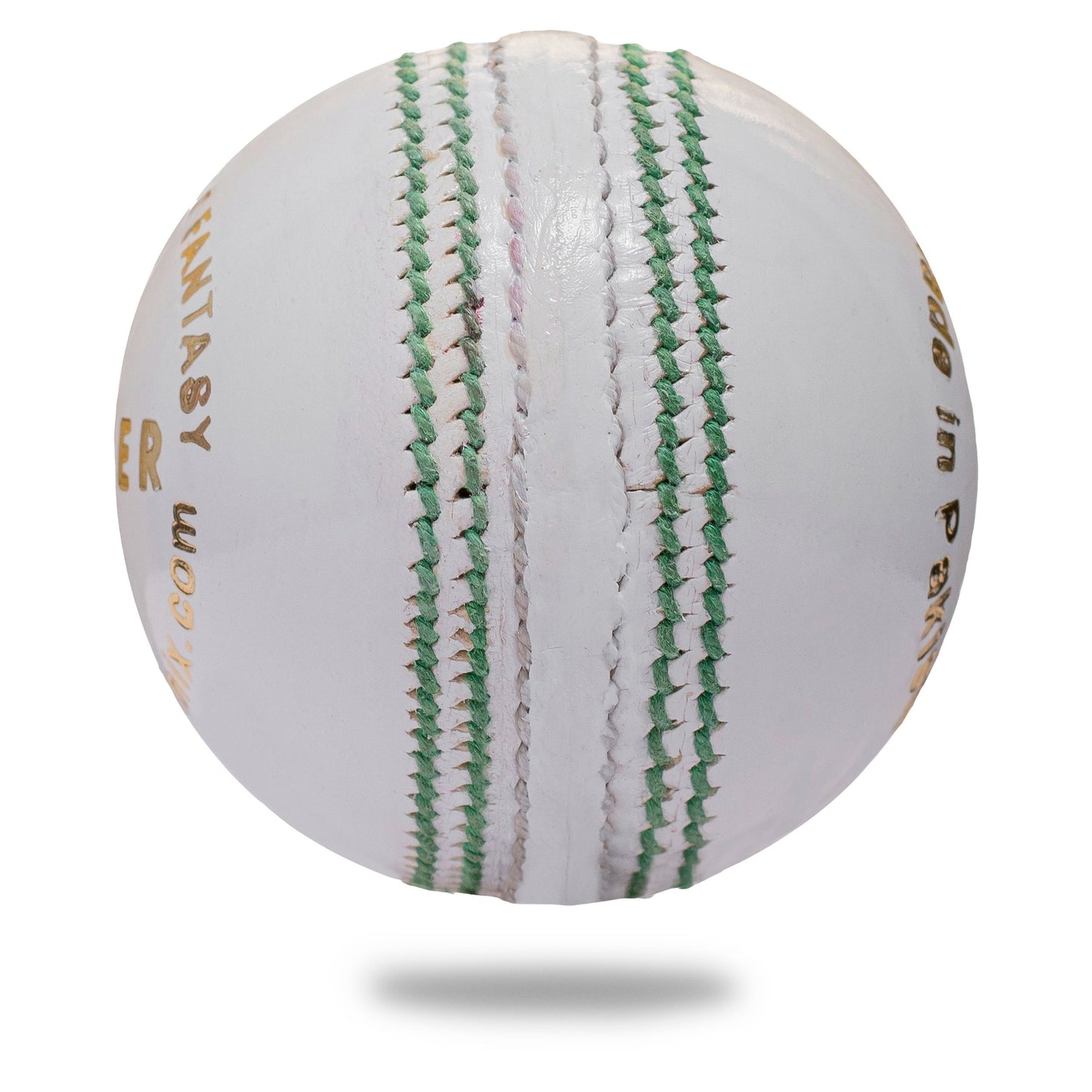 Cricnix white leather cricket ball with green stitching and gold text, featuring the brand name 'Cricnix Gold' prominently displayed.