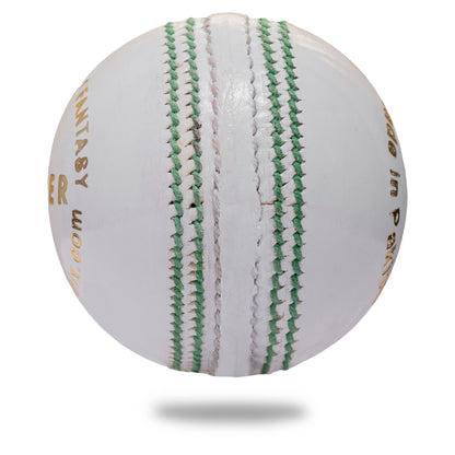 Cricnix white leather cricket ball with green stitching and gold text, featuring the brand name 'Cricnix Gold' prominently displayed.
