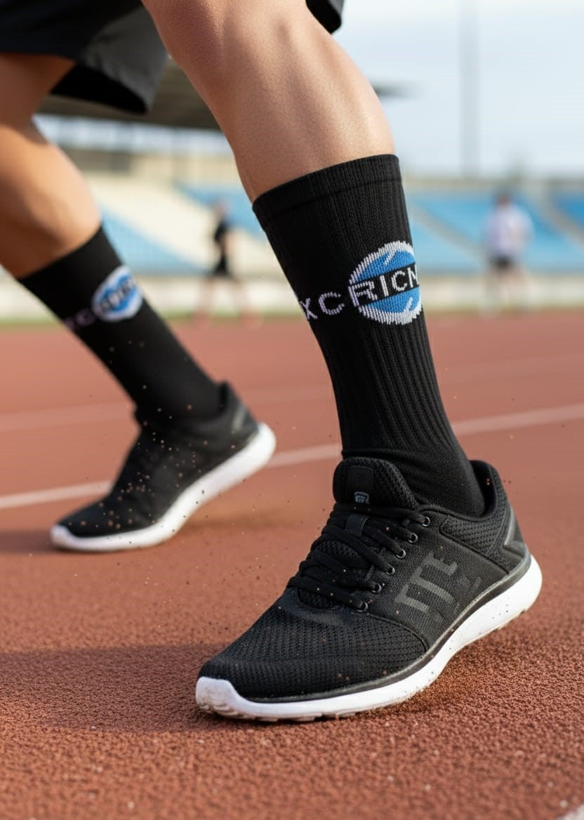 Cricnix sports socks worn by a man with black athletic shoes, featuring visible branding while standing on a running track.