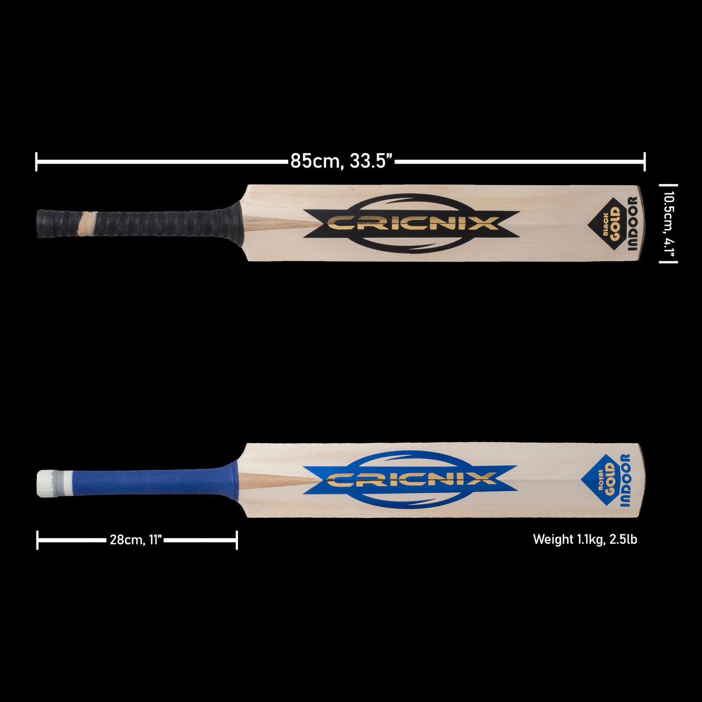 Cricnix Indoor Cricket Bat in blue and black, featuring length 85cm (33.5") and weight 1.1kg (2.5lbs) displayed in the image with black background.