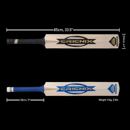 Cricnix Indoor Cricket Bat in blue and black, featuring length 85cm (33.5") and weight 1.1kg (2.5lbs) displayed in the image with black background.