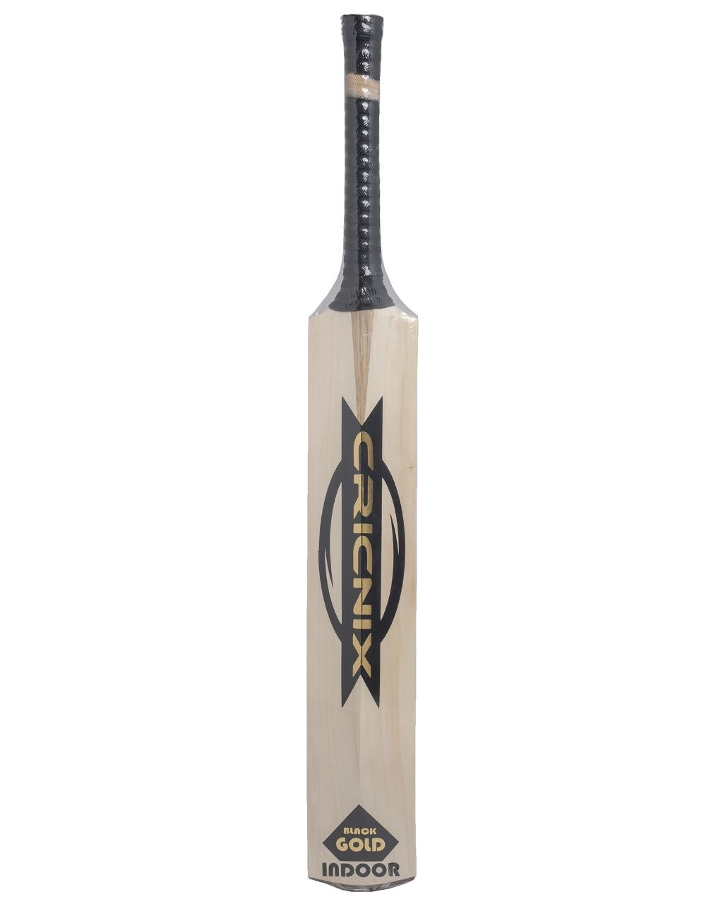 Cricnix indoor cricket bat featuring a sleek black handle and bold black logo, showcased upright on a white background to display its sturdy build.