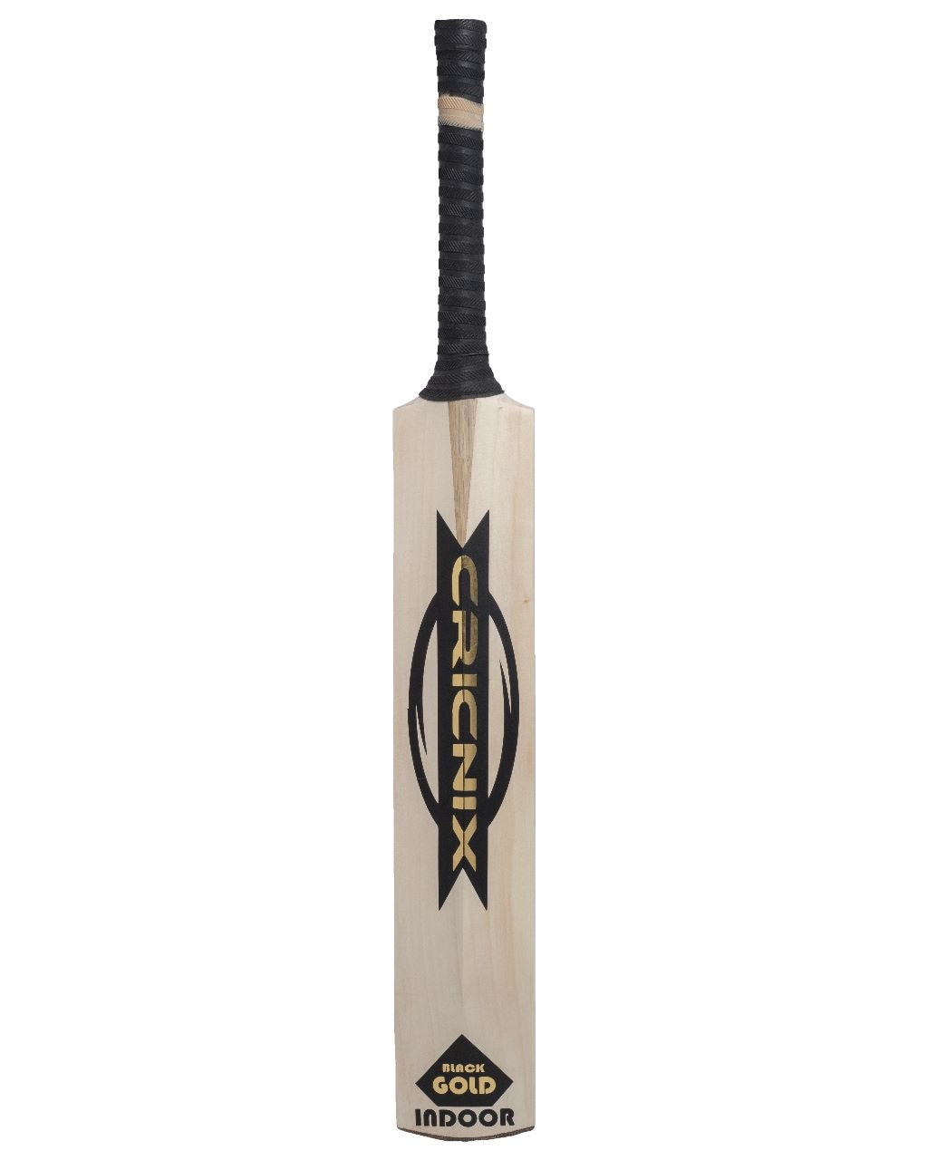 Cricnix indoor cricket bat featuring a sleek black handle and bold black logo, showcased upright on a white background to display its sturdy build.