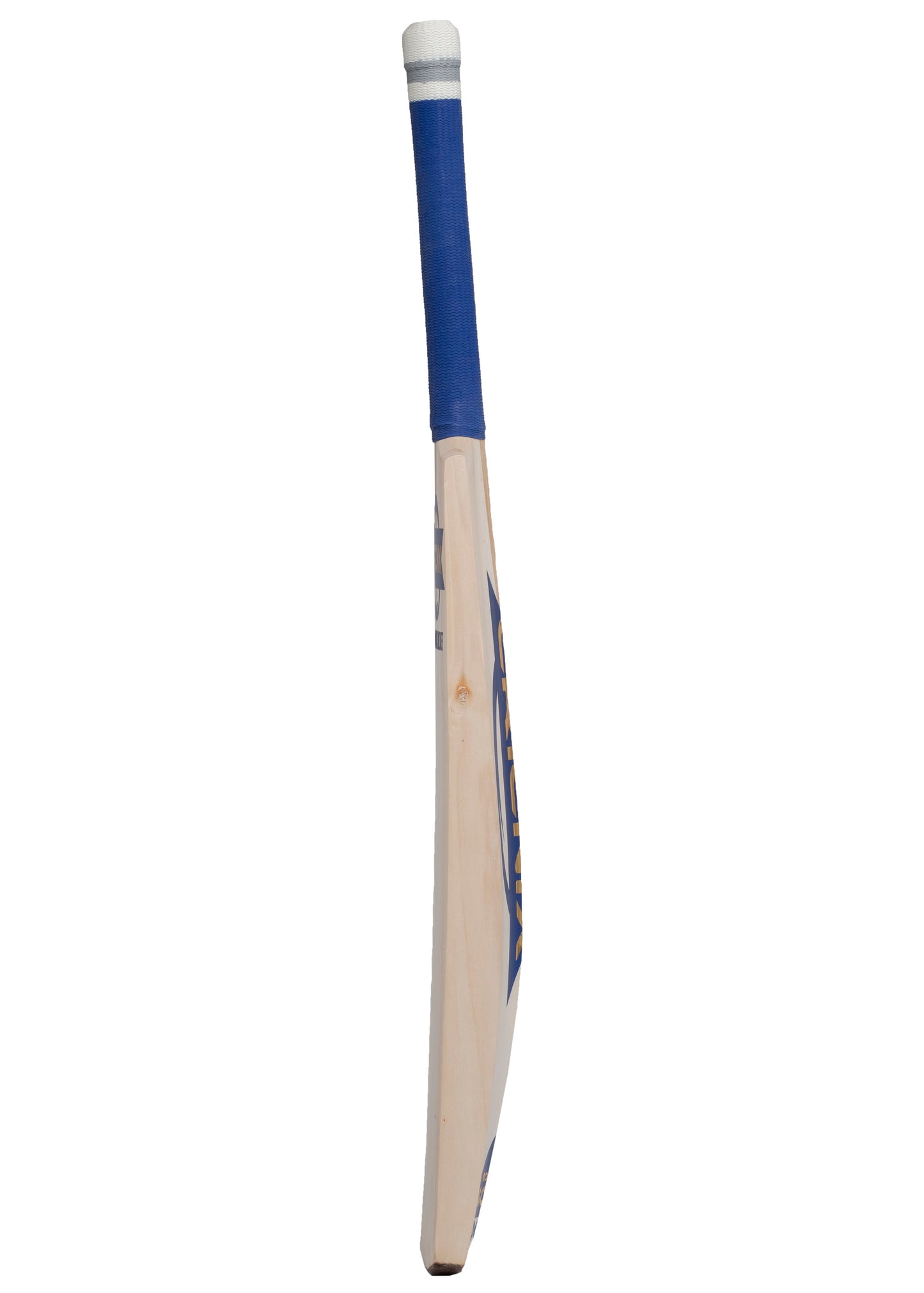 Cricnix indoor cricket bat with a blue handle, displayed vertically on a white background to highlight its thickness.