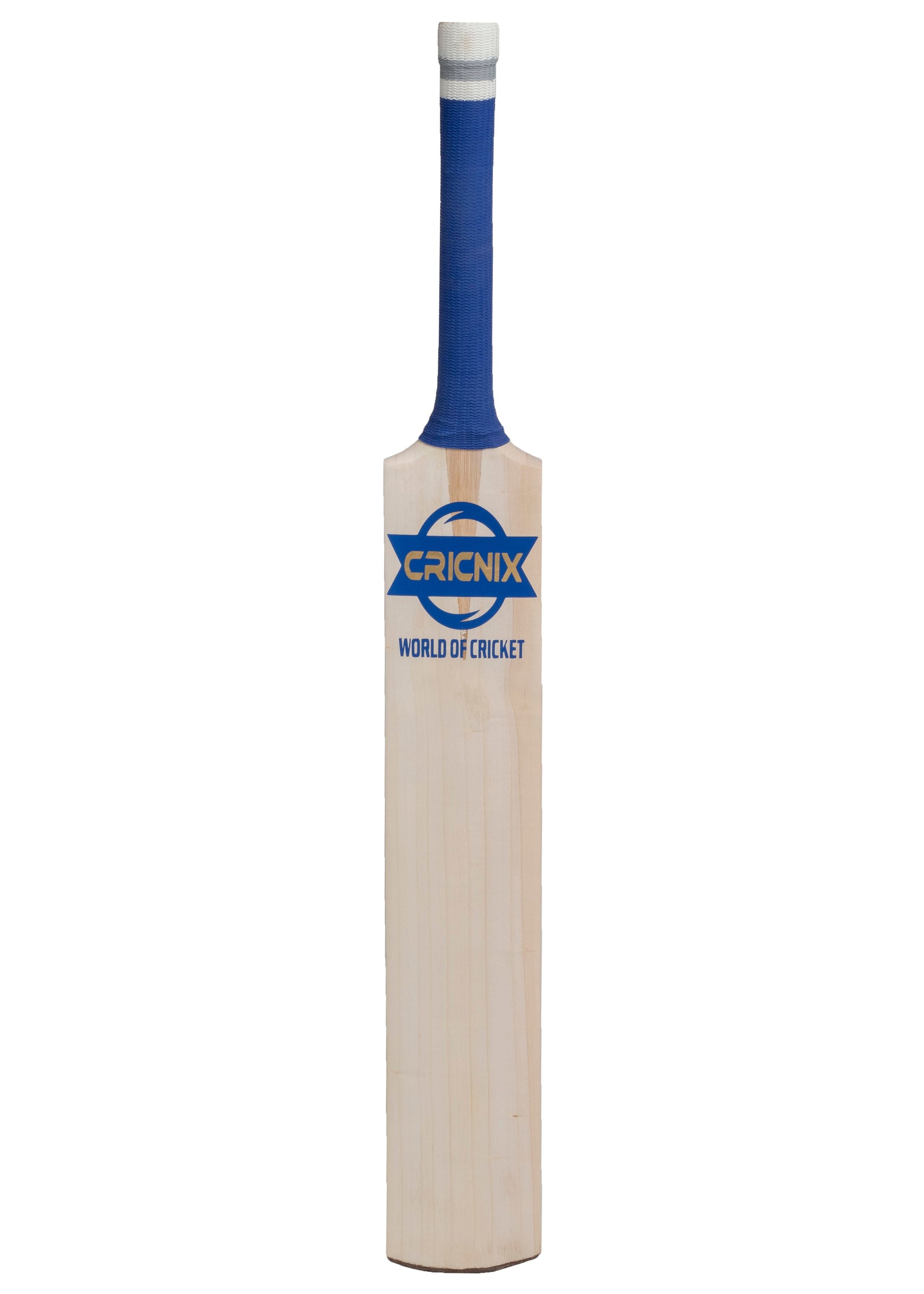 Cricnix indoor cricket bat with a blue handle, displayed vertically on a white background .