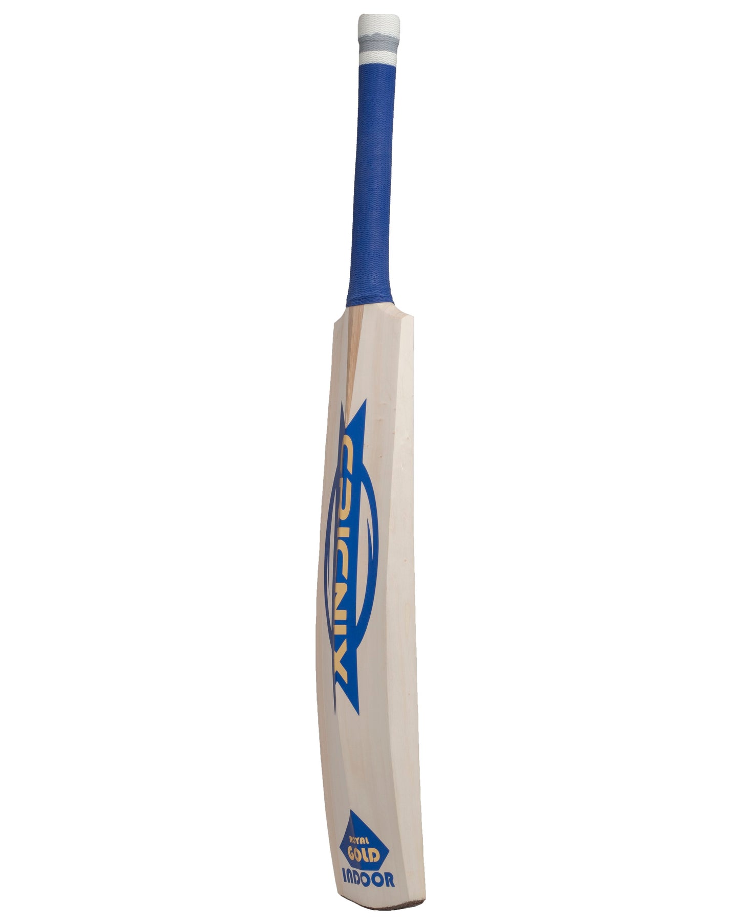 Cricnix indoor cricket bat featuring a sleek blue handle and bold blue logo, showcased upright on a white background to display its sturdy build.