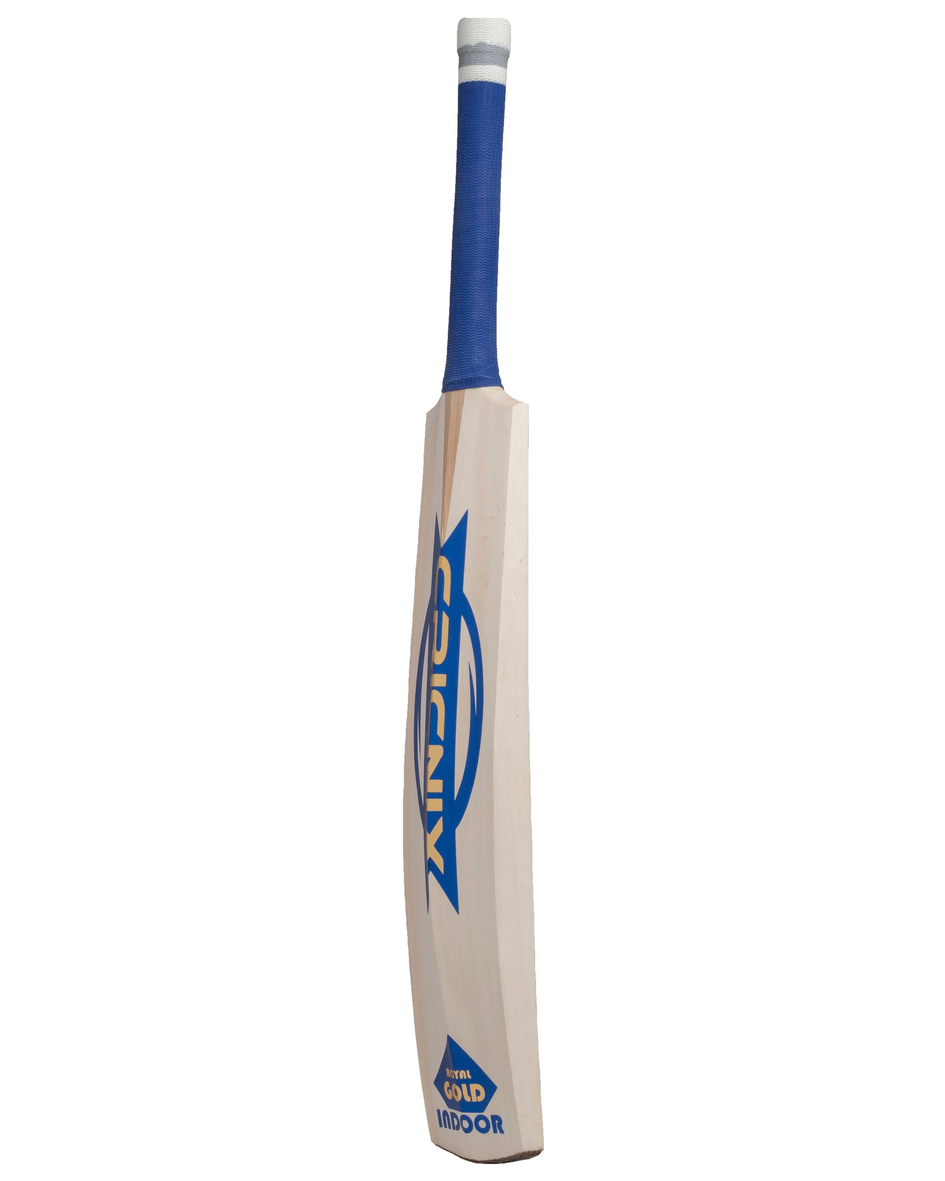 Cricnix indoor cricket bat featuring a sleek blue handle and bold blue logo, showcased upright on a white background to display its sturdy build.