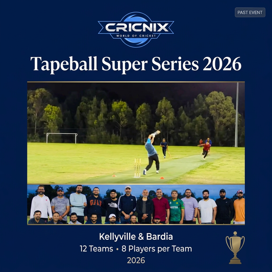 Cricnix Tapeball Super Series 2026 past tournament graphic, Kellyville and Bardia.